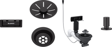 BLANCO Pribor MAT CRNA InFino set 1x3,5" (čašica, InFino ukrasna rozeta, C-overflow preljev komplet), s dalj.upr. okrugli podizač MAT CRNA